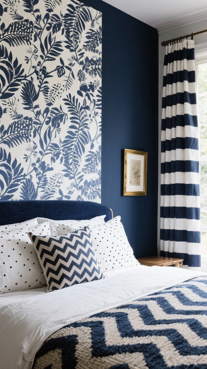 Detail closeup: Pattern mix on a navy backdrop—one wall with a large-scale botanical or abstract wallpaper panel, medium-scale striped curtains, a geometric area rug peeking under the bed, and small-scale pin-dot and herringbone throw pillows on white bedding. Tight palette: navy, white, and a touch of brass in a small frame. Soft natural side light to keep patterns clear without chaos.