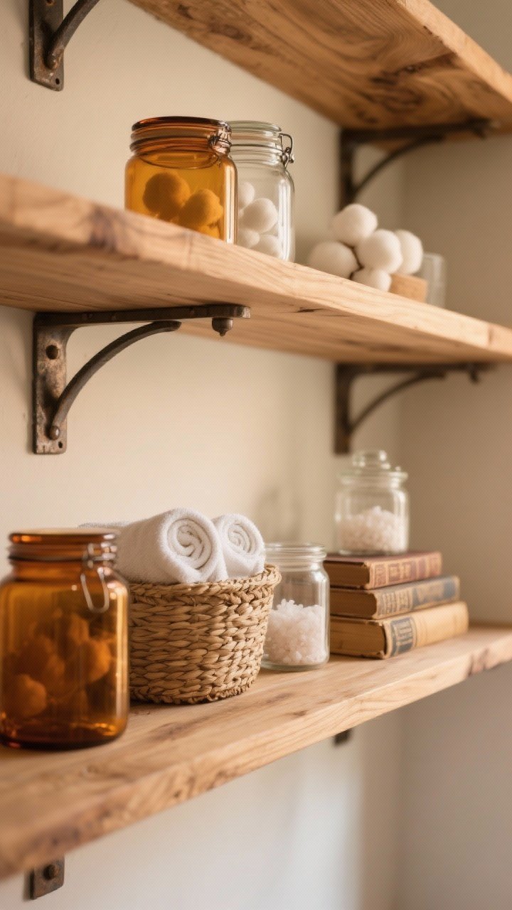 Detail closeup: Real wood open shelves in warm natural tones with iron brackets; styled with amber glass jars of cotton balls, clear glass jars of bath salts, rolled hand towels in a woven basket, and a tiny stack of vintage books; soft warm light, shallow depth of field emphasizing wood grain.