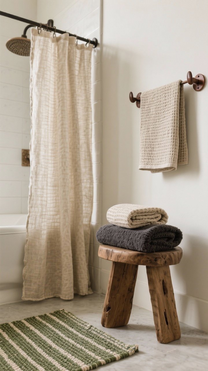 Detail closeup: Rustic textiles ensemble—linen shower curtain in oatmeal, waffle towels in sand and charcoal folded on a wood stool, a flat-weave rug in muted forest green stripes in a low-splash area; mixed patterns kept calm, wood or leather towel hooks on wall, soft diffused lighting.