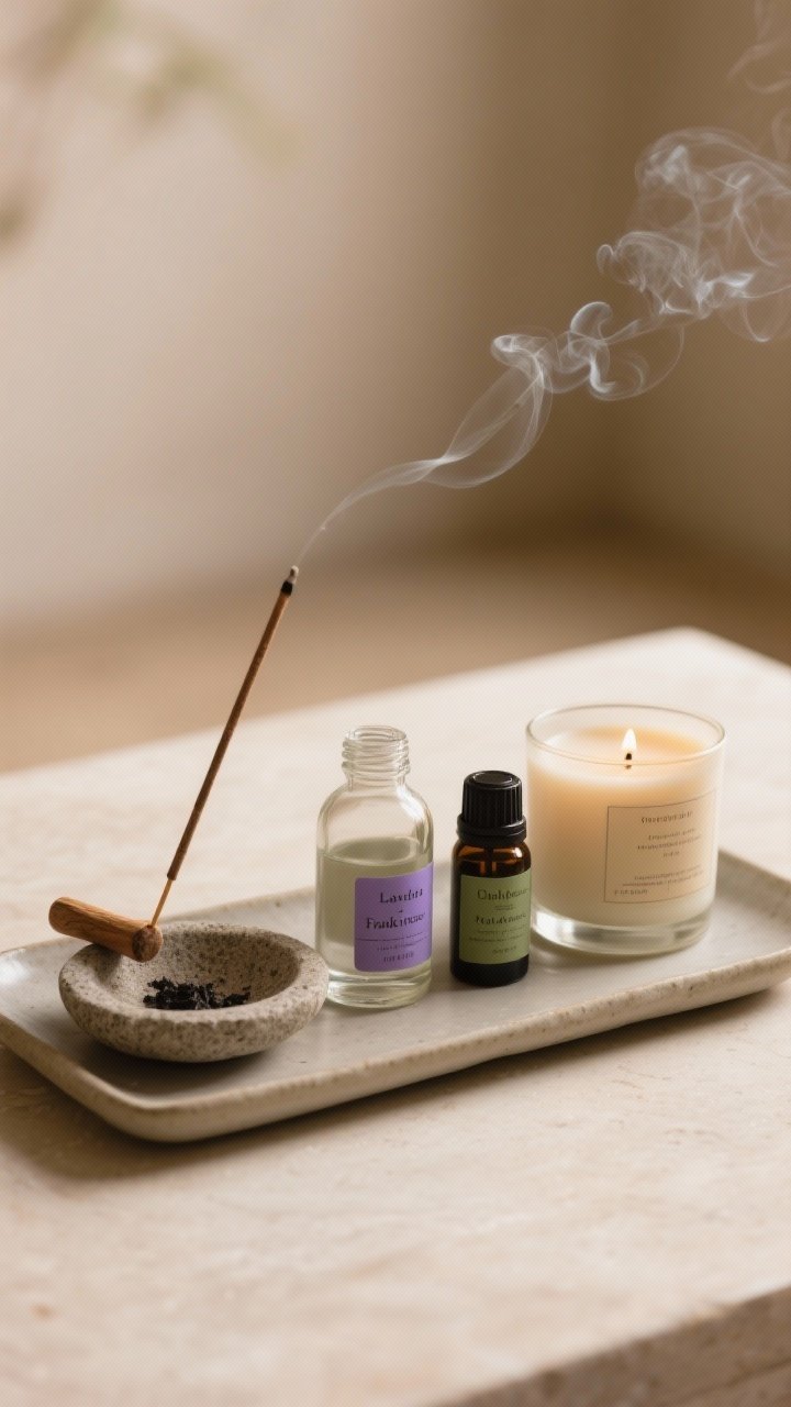 Detail closeup: Scent ritual trio on a ceramic tray—a matte-glass essential oil diffuser (lavender, frankincense, eucalyptus bottles labeled), a single sandalwood incense stick resting over a stone dish to catch ash, and one natural-wax candle with a subtle label; soft, diffused warm light and a thin trail of incense smoke; restrained, not overpowering.
