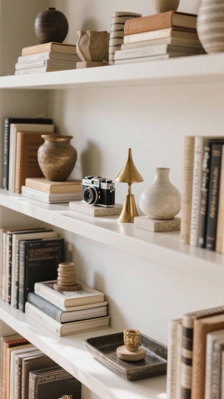 Detail closeup, shelf styling at eye level: A clean-lined bookcase arranged with the 60/30/10 rule—60% books in varied spine tones (stacked and upright), 30% objects like ceramics, brass pieces, and a vintage camera, and 10% intentional negative space. Use small risers and a tray to vary height. Soft, diffused natural light to prevent glare, with shadows adding depth.