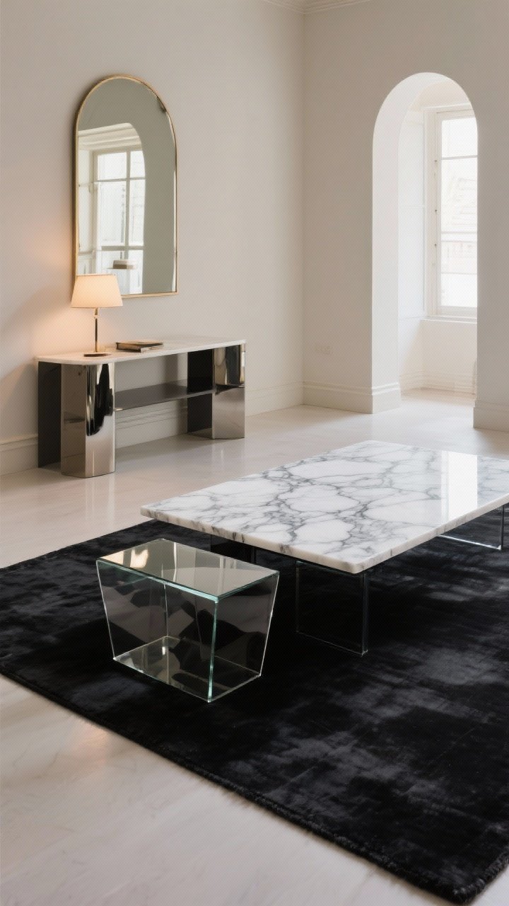 Detail/medium shot highlighting shine: a veined marble coffee table (white with gray veining) atop a black rug, smoked glass side table with a subtle reflective surface, and an arched mirror on the wall bouncing warm light across the room; place mirror opposite a window or lamp to amplify brightness; restrained glam, photoreal reflections, no glare.