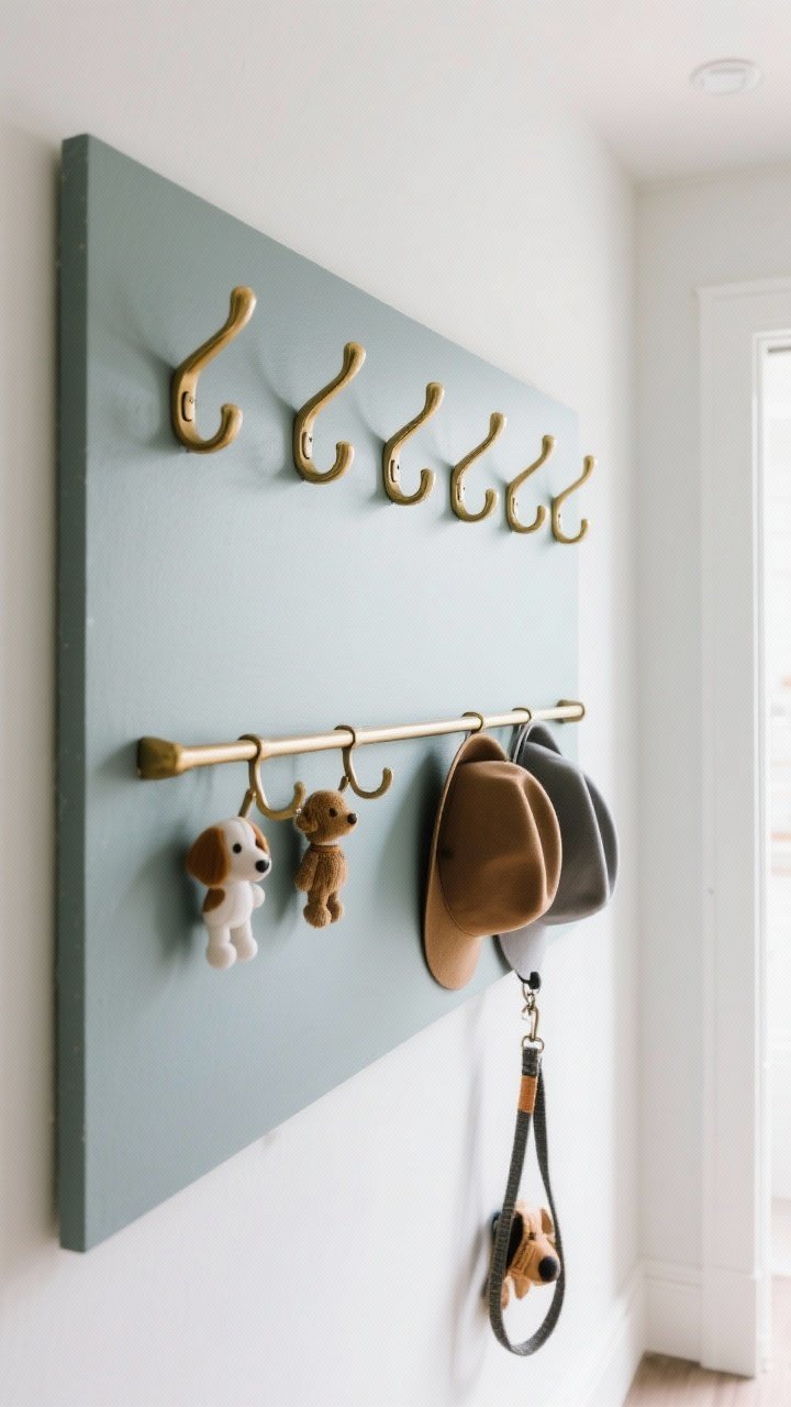 Detail/medium shot of artful hooks and rails: a painted backplate board with a row of beautiful brass hooks mounted; staggered heights including lower hooks for kids; a minimalist rail with a couple of hats and a dog leash for real-life utility; polished look with clean drywall; bright, functional lighting; straight-on close view to emphasize the hardware.