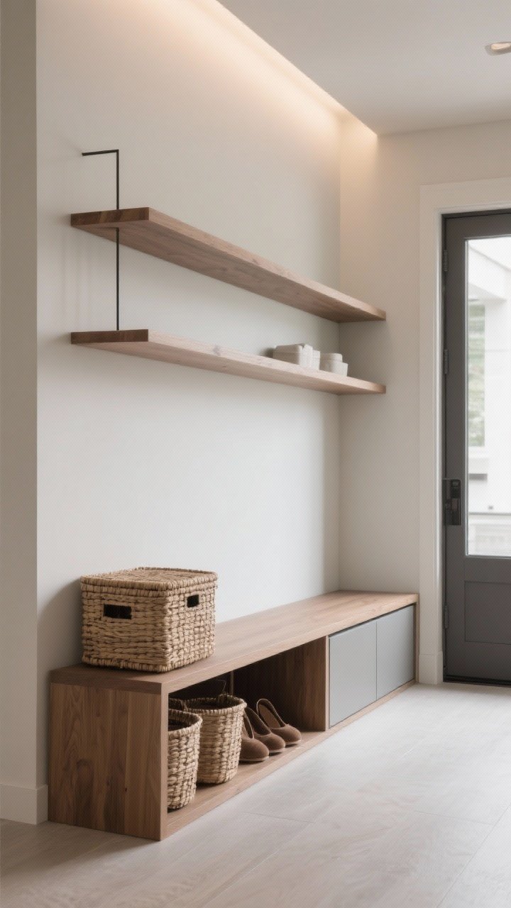 Detail/medium shot of slim storage: a narrow console only 12 inches deep with floating shelves above; a low slim bench with lidded woven baskets tucked underneath; floating shoe cabinet mounted to keep the floor clear; neutral palette with wood and matte finishes; practical yet discreet; bright, functional lighting; side angle to show depth clearance and clean traffic flow.