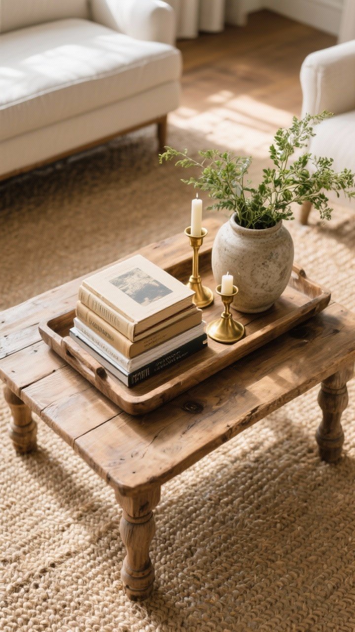Detail overhead shot of a coffee table styled with country charm: wood tray holding a stack of books, brass candleholders, and a small stoneware vase with greenery; one larger statement object for scale; textures mix wood, brass, and ceramic on a jute rug backdrop; warm afternoon light, photorealistic.