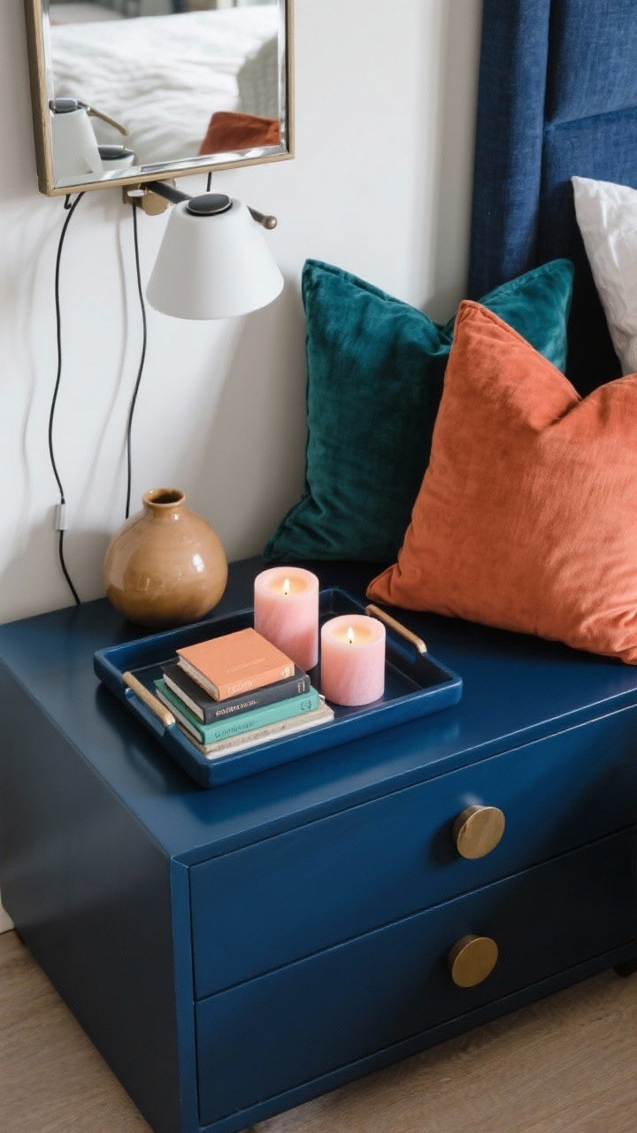 Detail/overhead vignette: Accent color play on a navy base—nightstand tray styled with books and candles in a chosen accent (camel, blush, emerald, charcoal, or terracotta), repeated in a pillow and a small vase nearby. Show polished cohesion with no more than three finishes on hardware/lighting. Include a glimpse of a mirror edge or glossy ceramic to reflect light, cords hidden, modern minimal vibe with navy remaining dominant.