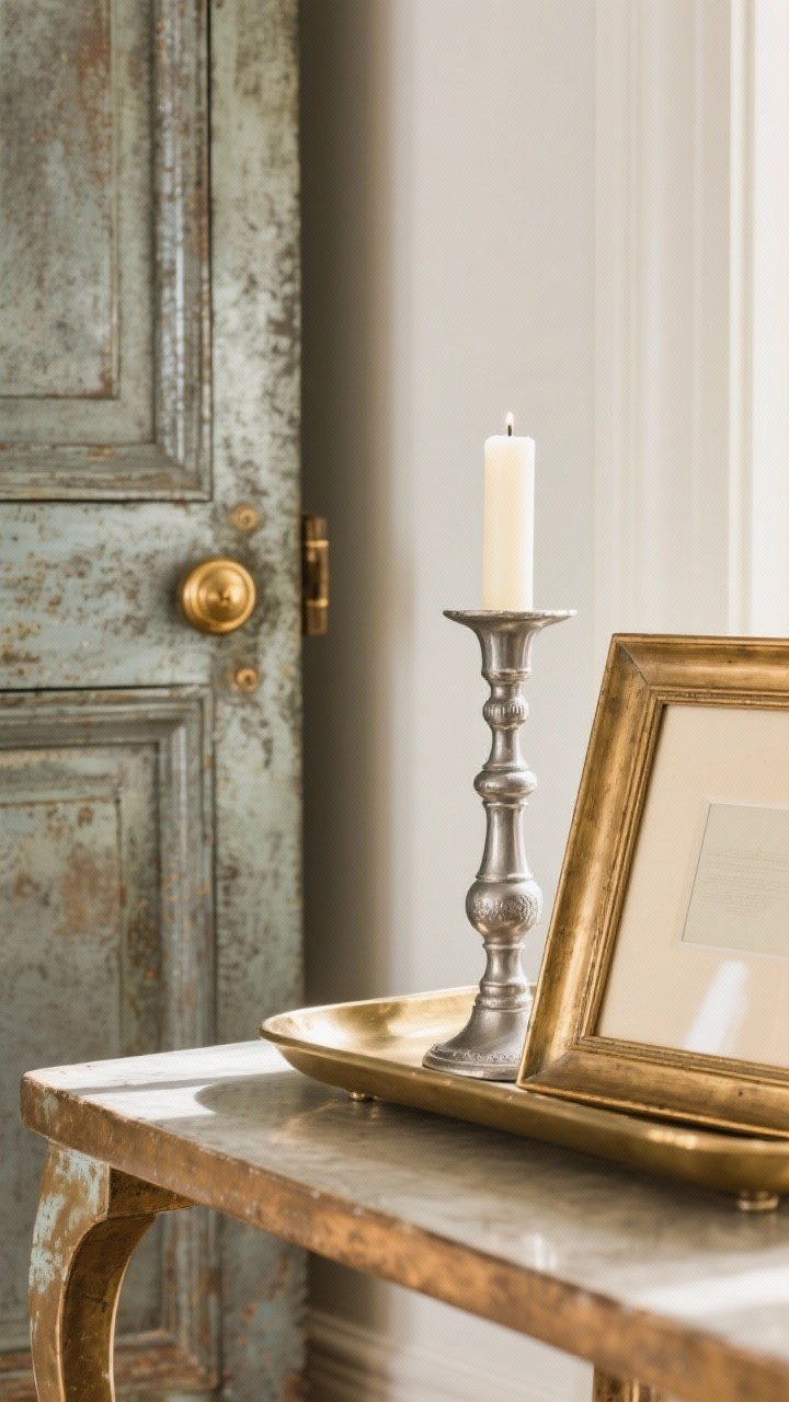 Detail shot: A close view of aged metal accents—a cabinet door with unlacquered brass knob showing gentle patina, a pewter candleholder beside a soft-finished brass picture frame on a tray table; mixed warm, aged finishes harmonizing without matching exactly; soft morning light glinting subtly, no blingy shine.