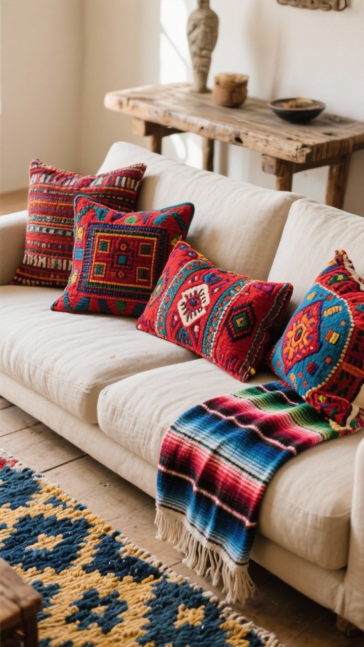 Detail shot: A neutral sofa layered with bold Otomi embroidered pillows in saturated reds, blues, and greens; a serape runner draped over a rustic console behind; a handwoven wool rug with geometric patterns in indigo and mustard underfoot. Soft, diffused daylight accentuates weave textures and embroidery stitches.