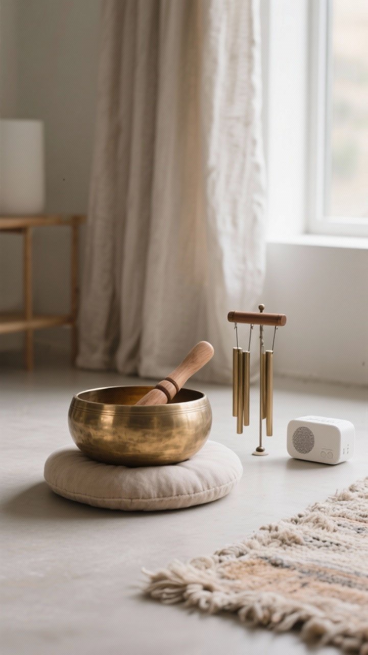 Detail shot: A small ritual sound setup—closeup of a brass singing bowl with a wooden striker on a soft zabuton edge, a pair of minimalist chimes, and a compact white noise machine off to the side; soft textiles (curtain edge, rug fibers) visible to suggest sound-muffling; calm, focused mood, low morning light.
