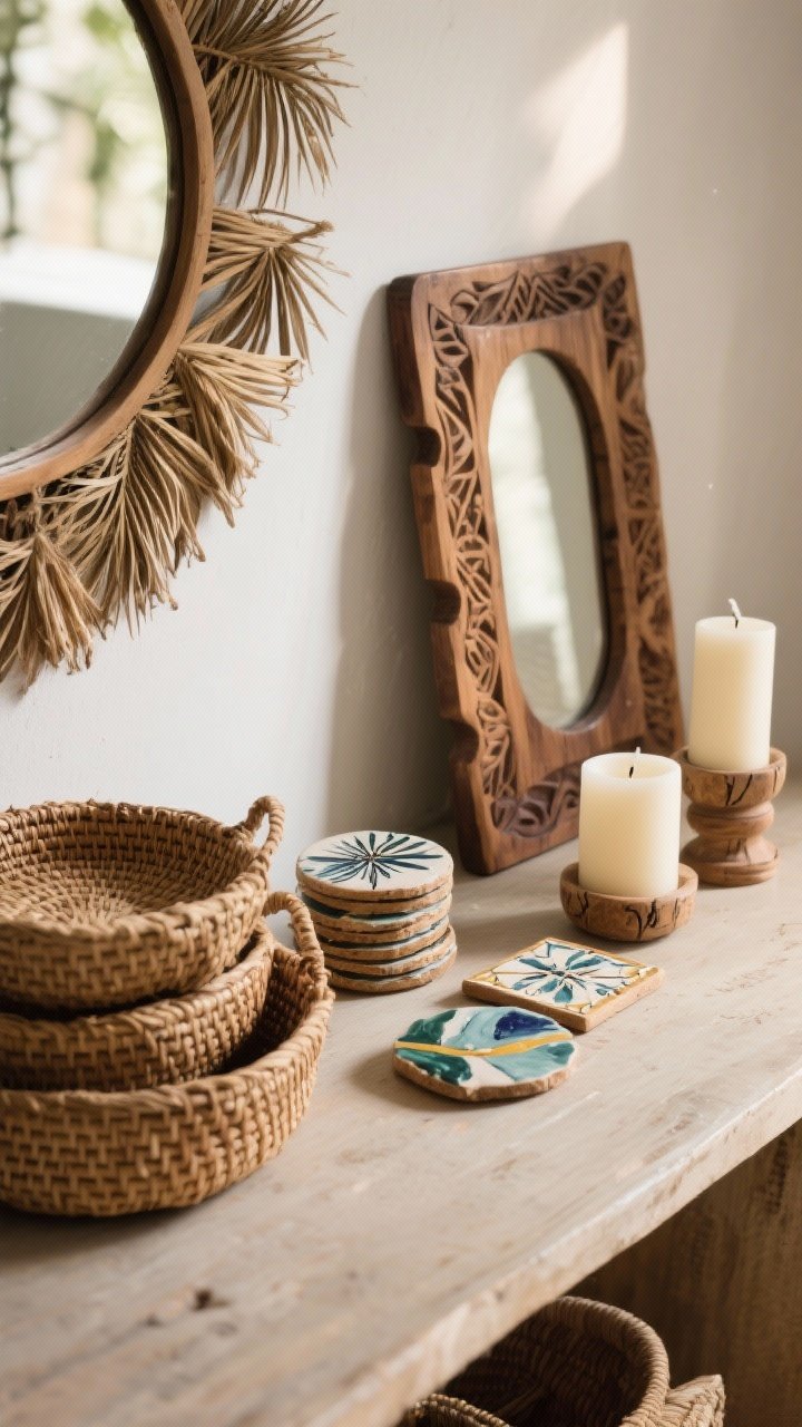 Detail shot: A tabletop arrangement of artisan-made pieces—hand-carved wood mirror leaning on a wall, woven palm baskets stacked with visible fibers, hand-painted tile coasters, and artisan candles in simple holders. Side lighting to reveal tool marks, weave patterns, and brushstrokes, highlighting authenticity.