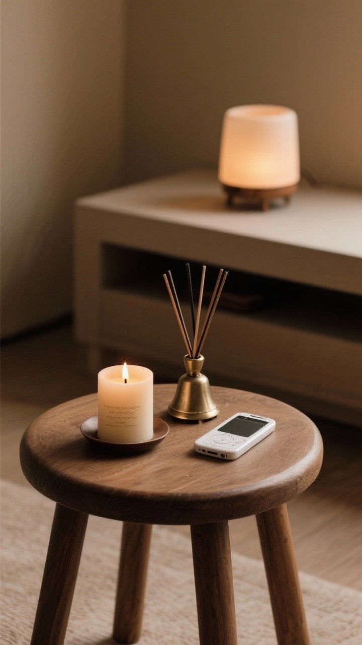 Detail shot: A tiny ritual sequence arranged on a low stool—one candle being the focal object (unlit), a small chime set beside it, and a minimal timer device or phone face down; the diffuser in the background ready; composed to suggest steps: light, chime, sit; warm, intimate lighting, calm and consistent atmosphere.
