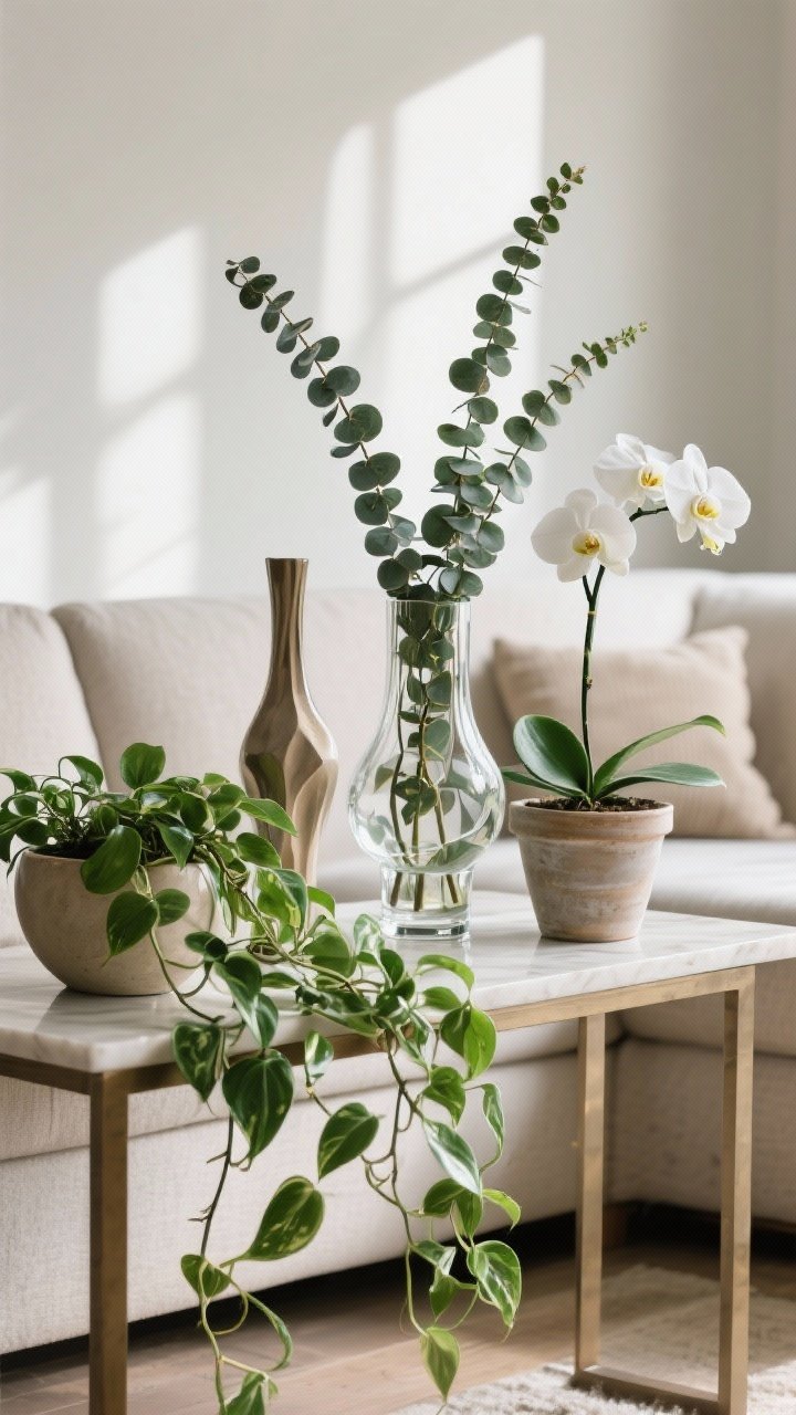 Detail shot, close-up: Lush greenery and florals styled on a sofa table—three plants in varying heights. A trailing pothos drapes over the edge, tall eucalyptus stems in a sculptural glass vase for height and softness, and an elegant white orchid for a polished touch. Mixed containers—a sculptural vase and a simple ceramic pot—create a mix-not-match effect. Natural light with gentle shadows.