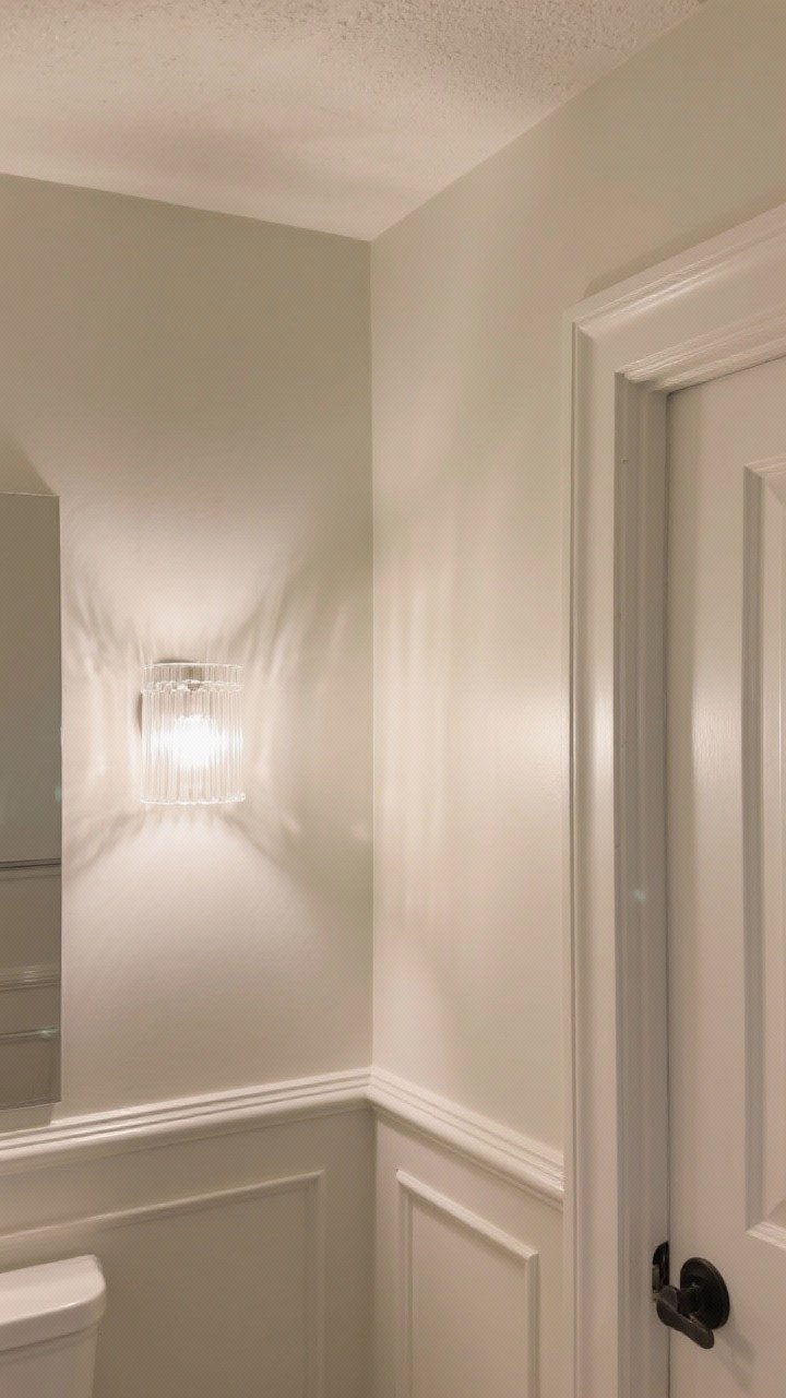 Detail shot (finishes and lighting): A tight view of a corner showing eggshell/satin on walls, semi-gloss on trim and door, and a matte moisture-resistant ceiling. Nearby frosted glass sconces diffuse 2700–3000K warm light, highlighting the subtle sheen differences and wipeable surfaces in a small bath.