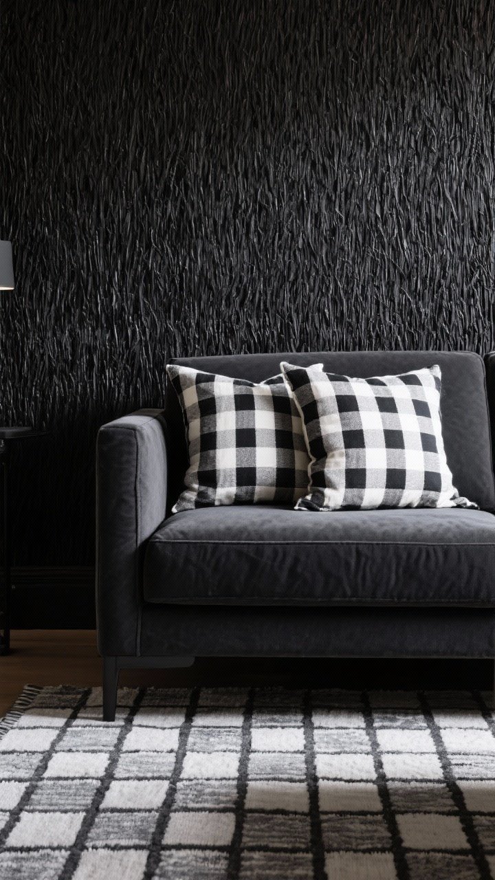 Detail shot focused on pattern play: a section of black grasscloth wallpaper with subtle tonal texture, a pair of graphic pillows (stripes and checks) on a charcoal sofa, and a patterned rug with a modern grid anchoring the scene; tight palette of black, white, and a single accent gray; gentle side-lighting to reveal the wallpaper weave and rug pattern; calm but dynamic.