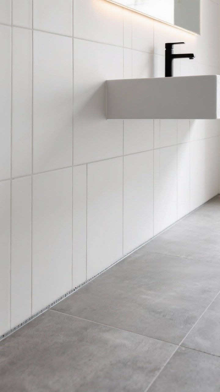 Detail shot, low-angle along the wall: concrete-look porcelain floor in neutral gray with a soft, cloudy finish, meeting thin vertical stacked wall tiles in warm white; precise schluter trim edge detail showcased; wall-mounted matte black faucet and a floating vanity edge entering the frame to reinforce airy minimalism; cool, gallery-like lighting