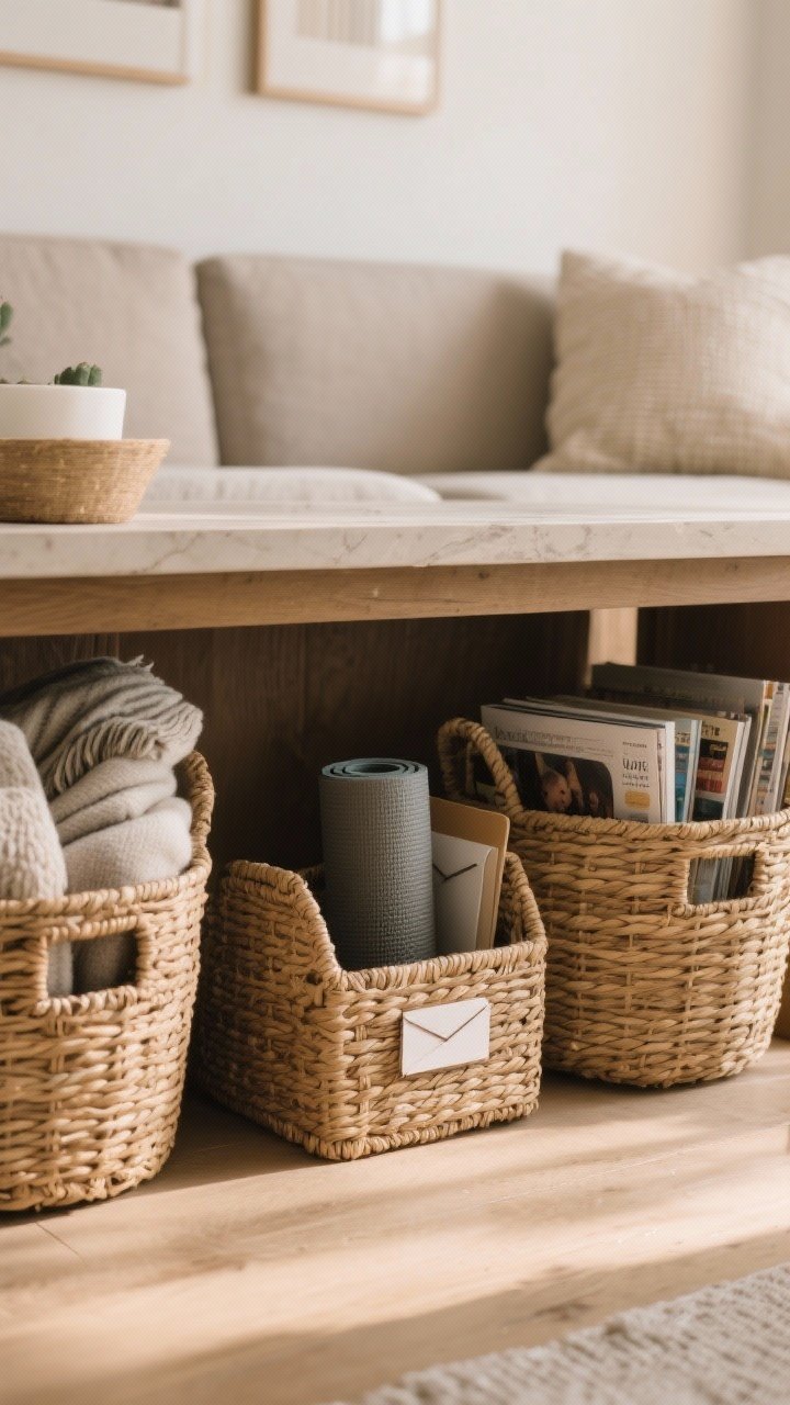 Detail shot, low angle: The lower area beneath a sofa table styled with baskets and bins for curated storage. Two large matching woven baskets flanking a smaller central bin, consistent materials for cohesion. Contents peek out: folded throw blankets, a yoga mat end, and labeled mail/magazine bins. Warm, soft light highlights textures and order without clutter on the tabletop.