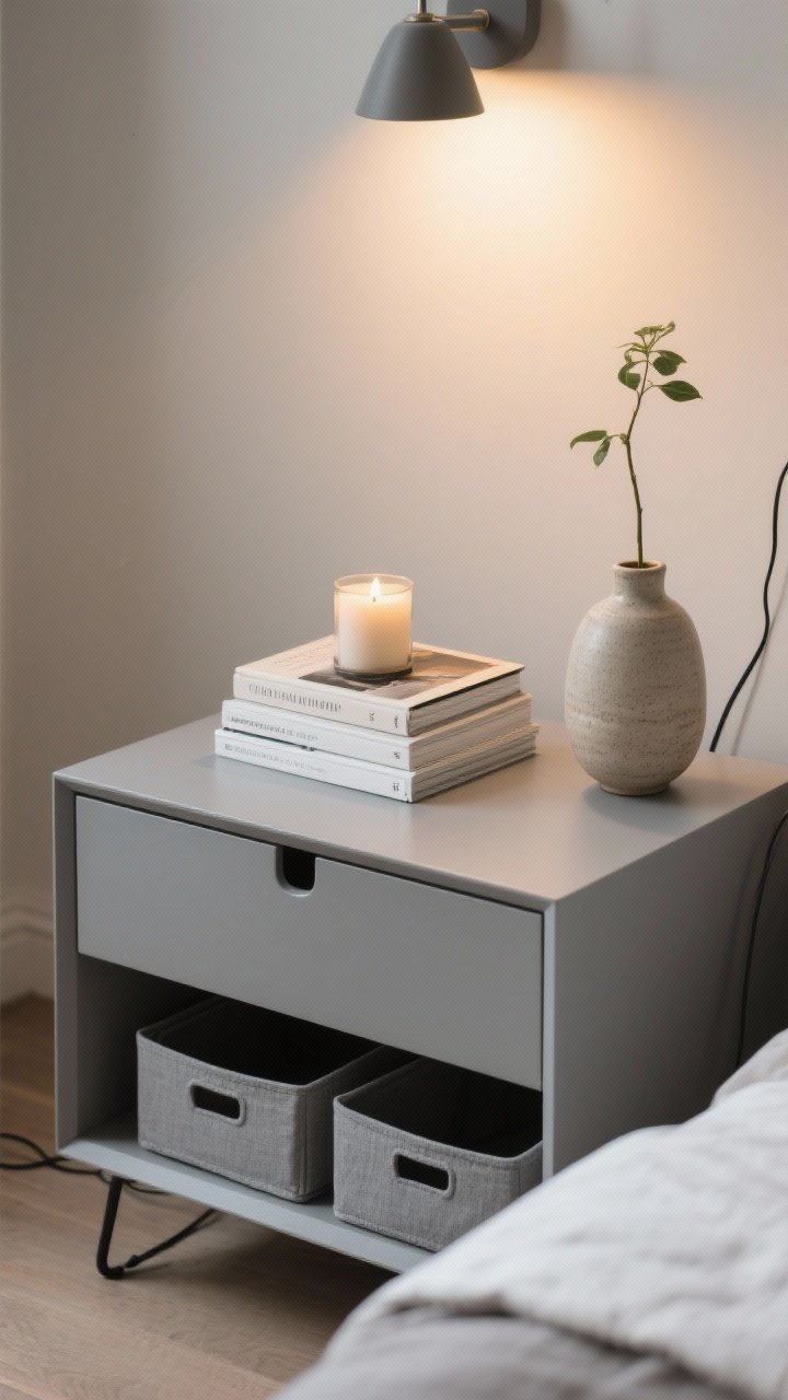 Detail shot of a styled nightstand vignette with minimalist editing and maximalist intention: surface 70% clear, cords hidden; a closed storage drawer nightstand in a gray tone; a neat trio—stacked books, a candle, and a ceramic vase with a single stem—varying height and texture; matching under-bed storage bins barely visible in frame to imply organization; soft warm lamp light; close, slightly overhead angle.