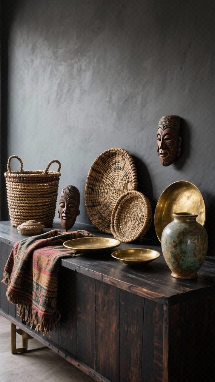 Detail shot of curated global finds on a dark wood console: handwoven baskets, a vintage textile draped casually, small carved masks, brass trays, and ceramic vessels with patina. Objects grouped in odd numbers, with repeated materials (brass and wood) appearing twice for cohesion. Matte charcoal wall backdrop, soft side lighting to highlight textures without cluttered feel.