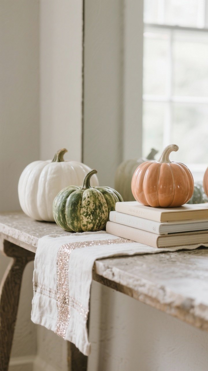 Detail shot of elevated pumpkin decor: a small grouping of real and faux pumpkins in white, sage, heirloom green, and soft terracotta on a console; materials look stone, ceramic, or linen—no glitter; show 1–2 on the console with a linen runner, plus a single ceramic pumpkin perched on a stack of books; soft natural light for a sophisticated fall feel.