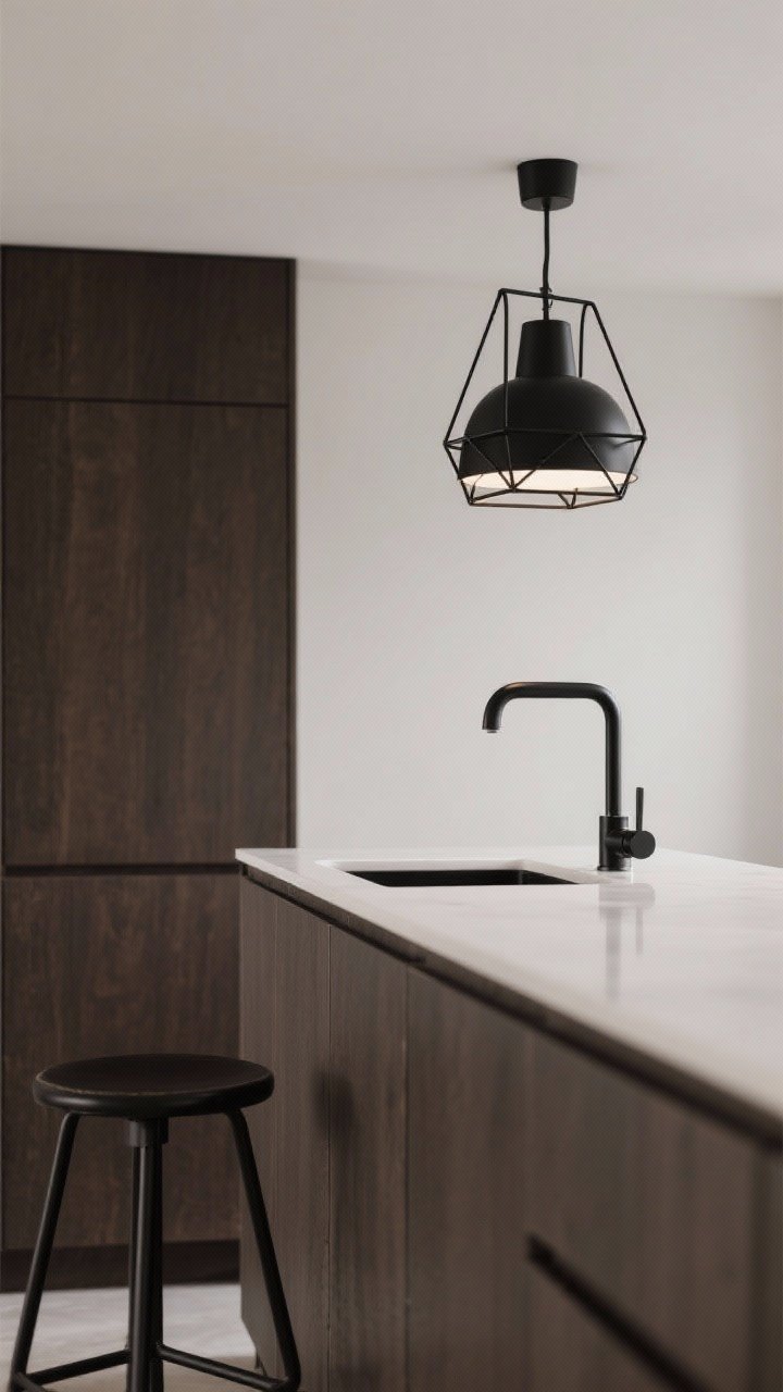 Detail shot of matte black moments: a matte black pull-down faucet, black-framed pendant light, and a black metal stool frame adjacent to dark brown cabinetry and white counters; limited to 2–3 black elements for balance, clean finishes, soft indirect light to reduce glare, closeup three-quarter angle
