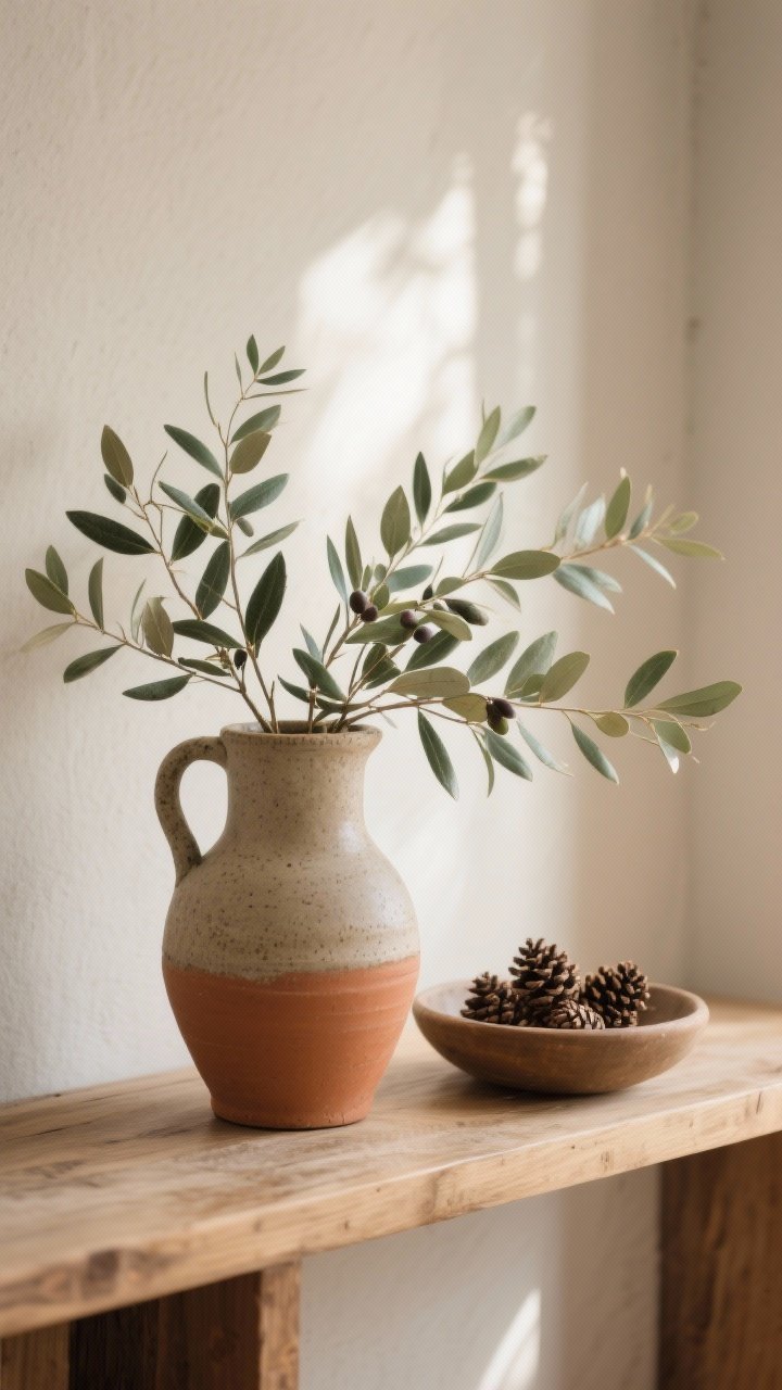Detail shot of natural elements: a stoneware pitcher holding olive branches on a wooden console, a terracotta pot with eucalyptus stems, and a shallow bowl of pinecones; earthy textures and muted greens, with soft morning light creating a serene mood, photorealistic.
