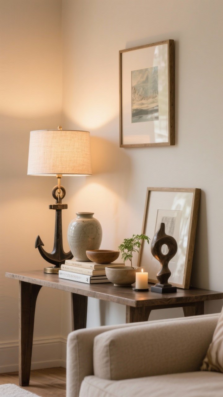 Detail shot, three-quarter angle: A layered vignette on a sofa table featuring mixed heights—an anchor lamp at 28 inches, a tall ceramic vase, mid-height stacked books with a bowl and candle, and a low sculptural object plus a small plant. A framed print leans against the wall, another artwork hung 7 inches above the table. Groupings of three, soft warm lighting that guides the eye across the arrangement.