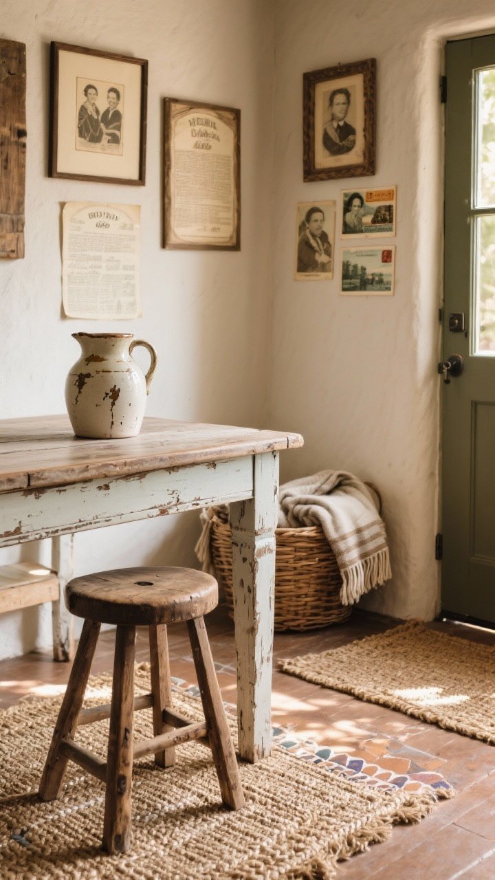 Detail vignette: The soulful finishing touches—a nicked ceramic pitcher on a scratched farmhouse table, a slightly wobbly wood stool with a folded blanket over the back, a basket of extra throws by the door, saltillo-look mats/sisal runner underfoot, and framed family recipes and vintage postcards on the wall. Warm, natural afternoon light enhances the lived-in charm.