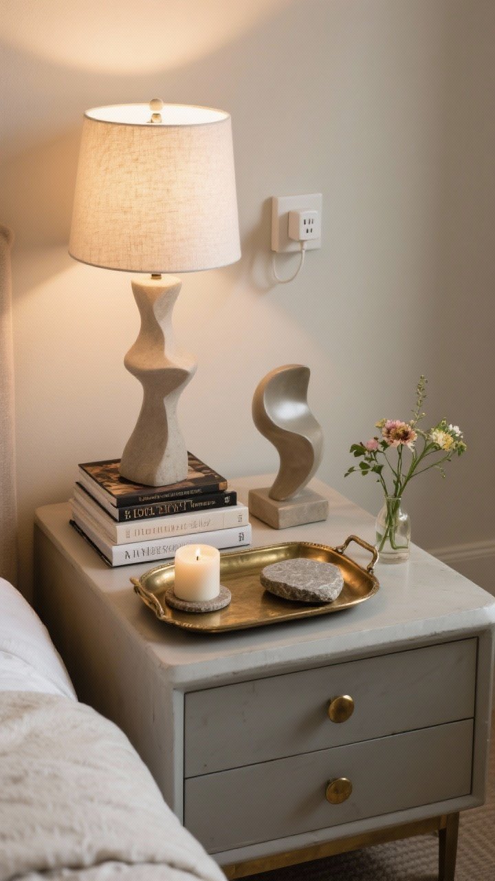 Detailed closeup of a curated nightstand vignette: three heights visible—a tall sculptural lamp, a medium stack of favorite books, and a low candle with a small modern sculpture on a vintage brass tray to corral items. Include a stone coaster and a small bud vase with fresh flowers. Optional plug-in sconce on the wall above to free surface space. Soft, warm bedside glow; angled overhead three-quarter view.