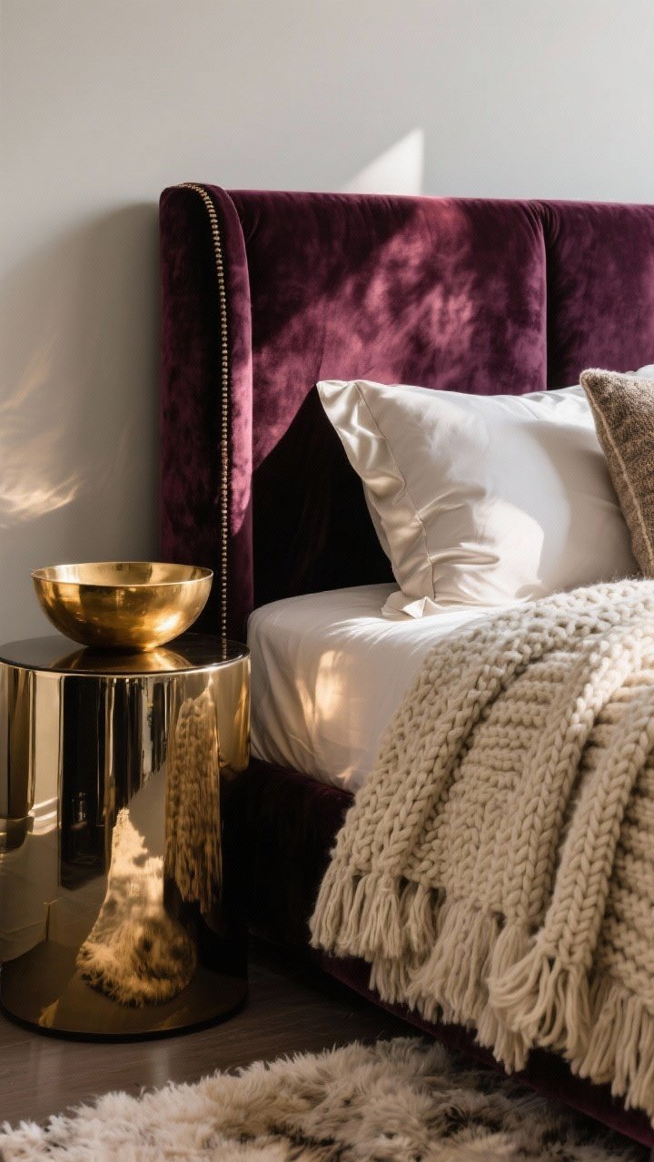 Detailed closeup of layered textures: a rich velvet headboard (luxe), chunky knit wool throw (cozy), and a glossy lacquer side table with a brass bowl (shiny). Include silk pillowcases catching light and a fluffy rug edge in frame. Play with light so the lacquer gleams next to matte bedding, with brass reflecting warm highlights. Shallow depth of field to emphasize tactility.