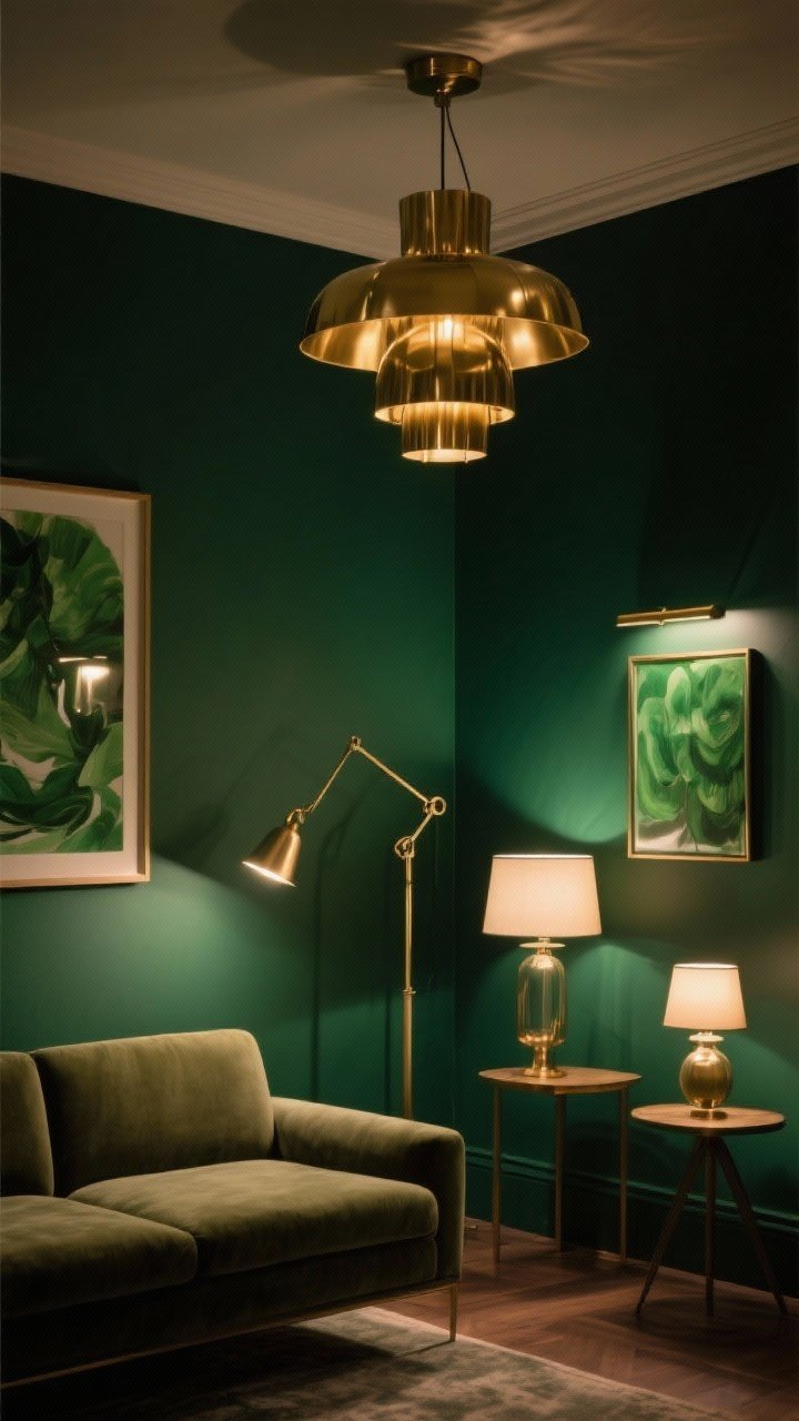 Evening medium shot showcasing layered lighting on green surfaces: a brass statement pendant overhead, an adjustable floor lamp beside the sofa for task lighting, and two table lamps warming dark corners. Add a picture light illuminating green-toned artwork. All bulbs at 2700–3000K to keep greens rich, avoiding muddiness. Subtle reflections on brass finishes.