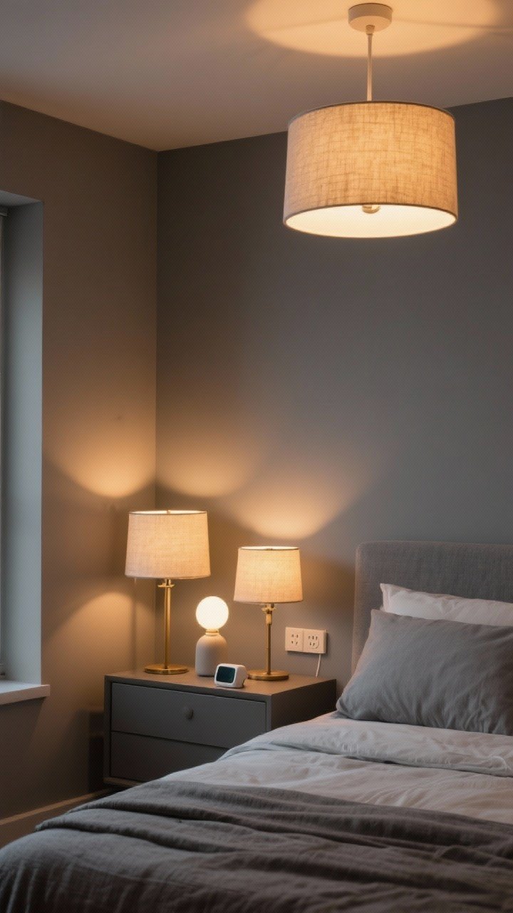 Evening medium-wide shot demonstrating layered warm lighting in a gray bedroom: dimmable overhead fixture with a fabric shade casting a glow, matching bedside lamps or sconces for task light, and a small table lamp on a dresser as accent; bulbs set to 2700–3000K for golden warmth; show gray walls and bedding softened by the light; include a smart plug visible at an outlet or a labeled scene on a bedside device; corner angle for depth.