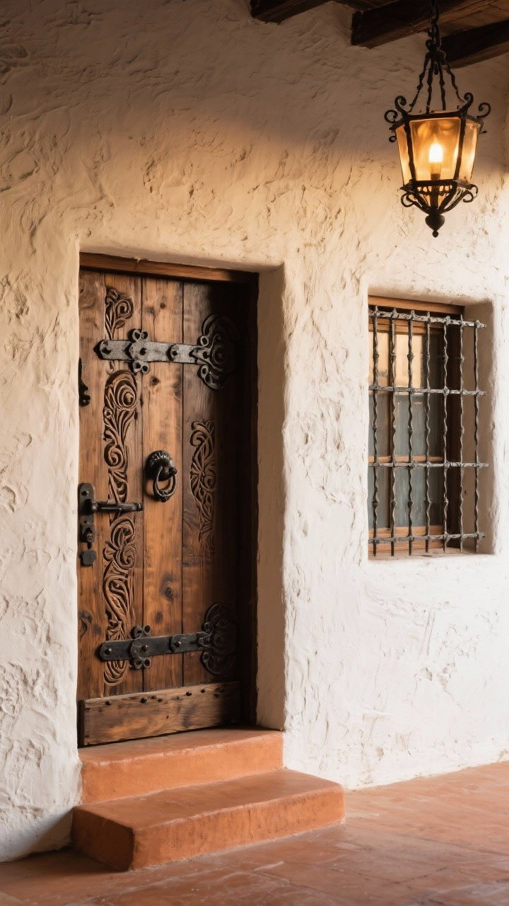 Exterior entry medium shot at a slight angle: thick plank-style heavy wood door with hand-carved details, dark wrought-iron knocker and strap hinges; adjacent window with wrought-iron grille; rough plastered wall in warm white; a forged iron chandelier visible just inside casting warm 2700K light; terracotta step and a shadowy, dramatic hacienda mood.