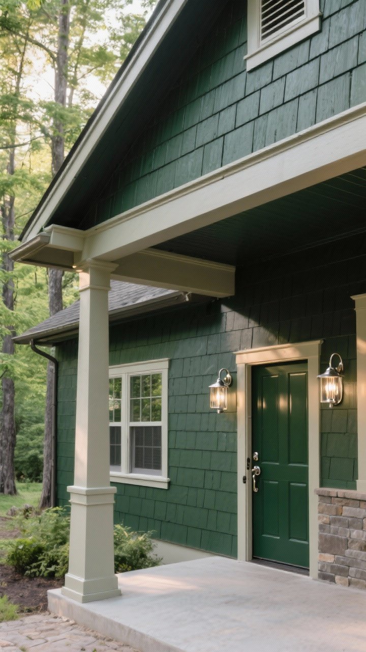 Forest Green + Putty Trim + Polished Nickel — Medium, angled view of a craftsman-style porch in soft morning light: deep forest green siding with black/gray undertones, putty/greige trim on posts and window casings, polished nickel door hardware and porch light that adds gentle sparkle; a glossier finish on the front door for contrast; wooded lot backdrop with greenery echoing the palette.