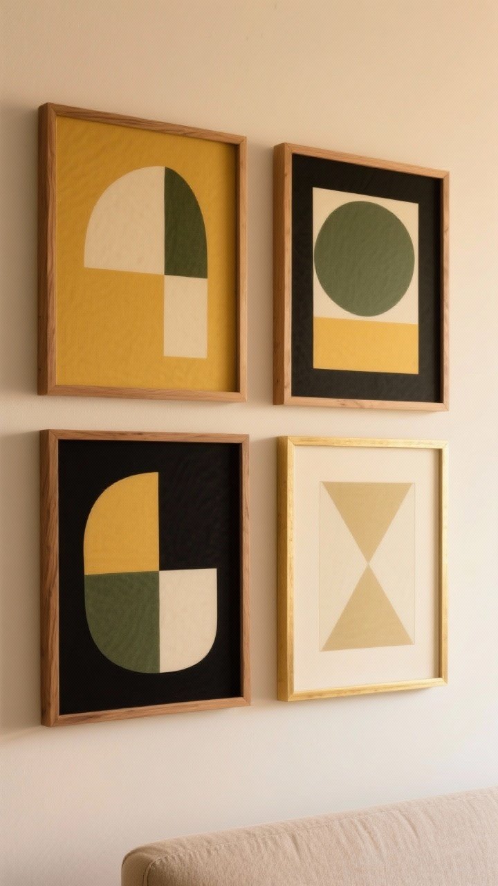 Gallery-wall detail shot: A precise grid of four abstract prints featuring geometric shapes and color-blocking in muted midcentury tones (mustard, olive, black, cream). Frames mix black, oak, and brass, each repeated at least once. Center height at approximately 57 inches. Warm wall wash lighting subtly highlights the art; a portion of a neutral sofa bottom edge appears at frame.