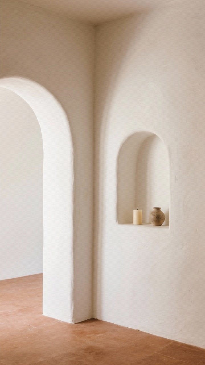 Interior corner medium shot highlighting architectural charm: an arched doorway with soft plaster returns, a shallow wall nicho holding a candle and small piece of pottery, rounded plastered corners throughout; warm white walls, subtle shadows enhancing depth, matte surfaces; floor in simple terracotta, minimal decor to focus on arches and niche.