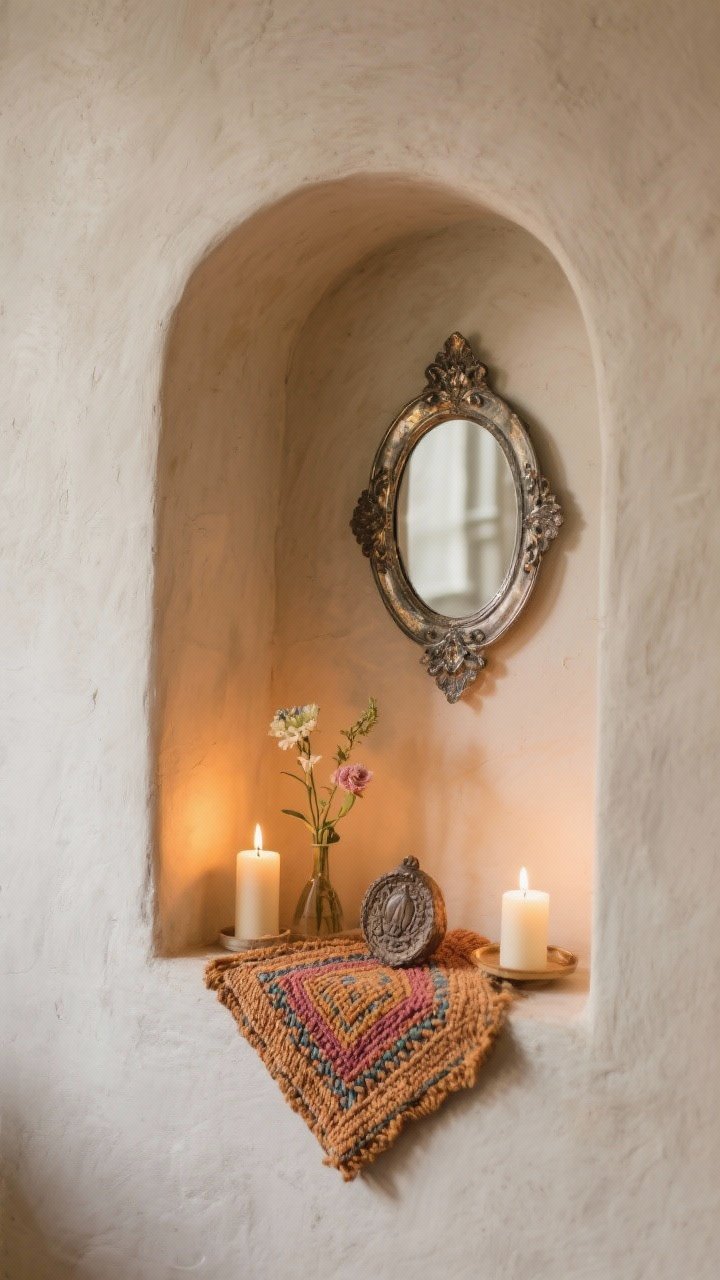 Intimate altar corner detail: a small wall nicho used as a sacred space with lit candles, a simple flower arrangement, and a meaningful object; a handwoven textile square as a base for color; a tin mirror hung above to anchor the vignette; warm candlelight and soft ambient glow against matte plaster.