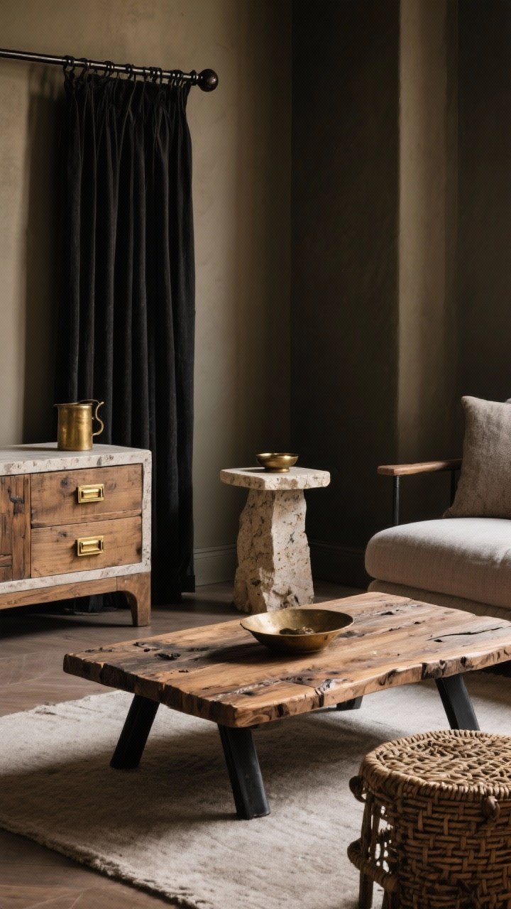Medium angle of mixed materials: a reclaimed wood coffee table with blackened steel legs paired with a small travertine side table and a woven stool nearby. Hardware details include aged brass drawer pulls on a console and a black iron curtain rod above. Warm, moody lighting glances off antique brass and stone while rough wood grain adds depth; materials repeat for cohesion.