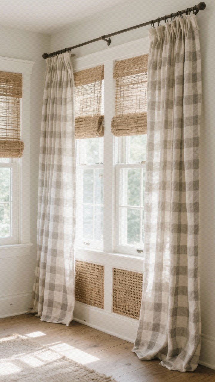 Medium, angled view of farmhouse-inspired window treatments: linen curtain panels that just kiss the floor layered over woven shades, with subtle gingham or ticking stripe pattern on the curtains; gentle breeze effect, bright but diffused natural light filling the space, photorealistic.
