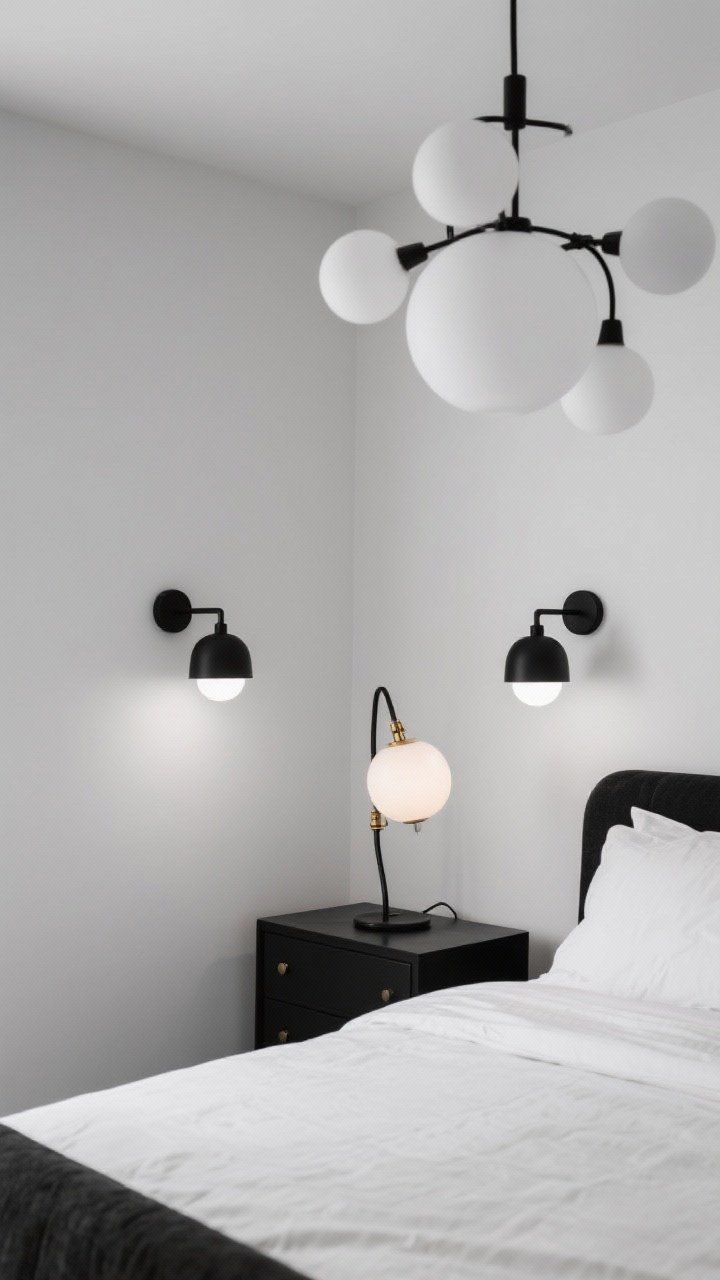 Medium corner angle: A black-and-white bedroom with sculptural lighting as the star—a pair of wall-mounted matte black sconces flanking the bed, a white globe chandelier above, and a bedside black metal lamp with milk-glass shade and tiny brass accents. Warm white bulbs (2700–3000K) cast a cozy glow over white bedding and a black nightstand, turning the lights into functional art.