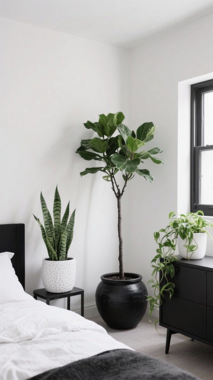Medium corner angle: A monochrome room accented by greenery—a tall ZZ plant in a matte black ceramic planter beside the bed, a snake plant in a white textured pot near the window, and a single trailing pothos on a dresser. The green reads like art against white walls and black accents; one tall plant dominates rather than multiple small ones for a calm, styled feel.
