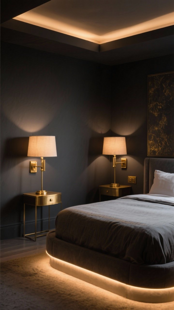 Medium corner angle emphasizing layered lighting in a dark, moody bedroom: dimmer-controlled warm bulbs (2700K–3000K) in shaded table lamps, a pair of wall sconces in brushed brass, and a soft LED strip halo under the bed frame. Matte charcoal walls and antique gold accents create flattering glow; overhead light is off to avoid harshness.