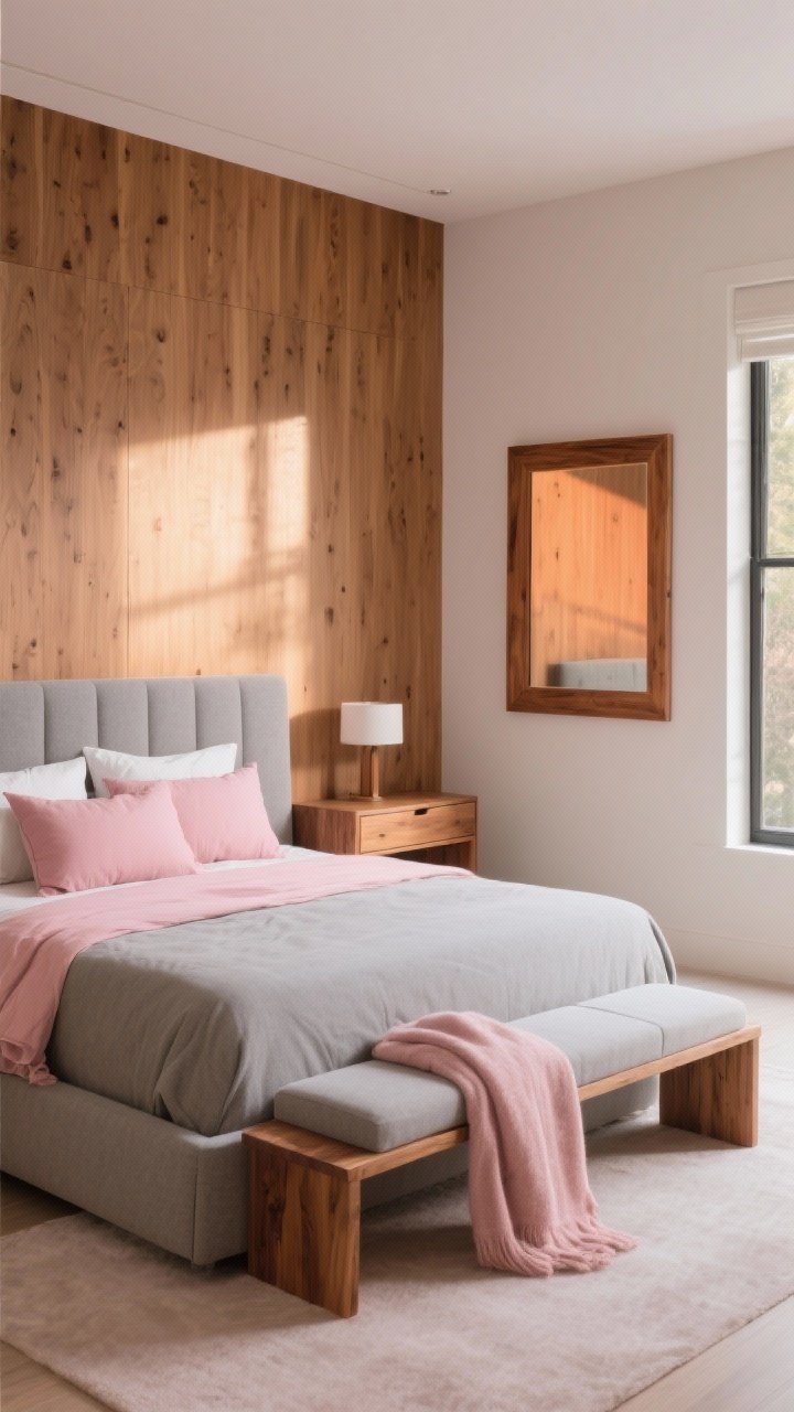 Medium corner shot emphasizing warm wood with pink and grey: oak or walnut nightstands beside a grey-upholstered bed with blush cushions, a wood bench at the foot with a casually draped blush throw, and a wood-framed mirror reflecting natural light; avoid orange-toned woods, aim for neutral-to-cool grains; warm, welcoming mood in late-afternoon light