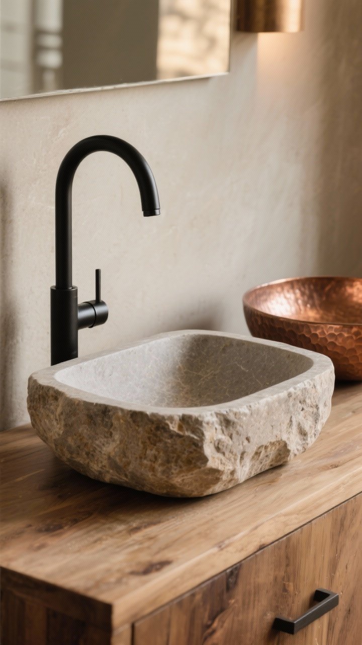 Medium detail: A stone vessel sink atop a wood vanity, paired with a tall arched black faucet; the stone sealed with a soft matte sheen, adjacent hammered copper basin visible as a styling accent; warm tones, gentle side lighting highlighting texture and weight, tight framing on sink zone.