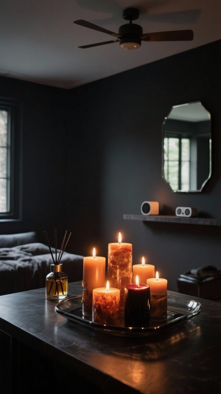 Medium detail scene creating full atmosphere: a cluster of warm, resinous candles (amber, oud, sandalwood, black cherry) grouped on a smoked glass tray before a small smoked mirror for amplified glow; a sleek oil diffuser emits a gentle stream. A tiny Bluetooth speaker is tucked on a shelf, and a ceiling fan turns on low. The room is dark with candlelit highlights.