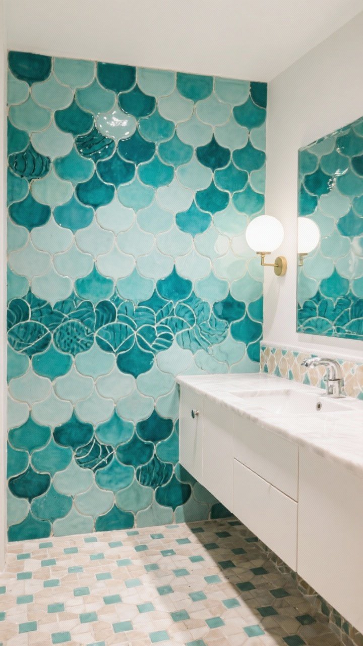 Medium feature wall view near vanity: Moroccan fish scale tiles in a gradient of teal and seafoam forming a scalloped pattern; micro-mosaic floor of tiny 1x1 neutral squares with color-matched grout to keep it calm; clean white vanity with minimal hardware, simple round sconce; balanced, soft lighting making the fish scale wall the playful focal point
