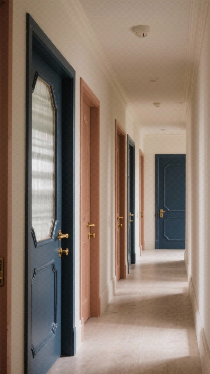 Medium hallway shot highlighting statement doors: a series of interior doors painted a contrasting muted clay and deep navy mix down the hall; uniform brass hardware for cohesion; one door featuring added trim details for a custom look; include a frosted/reeded glass insert on a single door to bring light into the corridor; warm, even lighting; straight-on perspective.