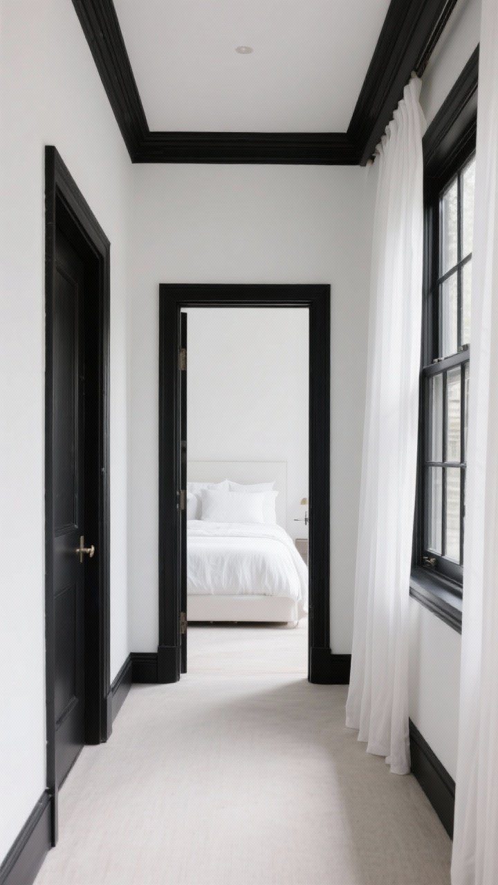 Medium hallway-to-bedroom view: White walls with black-painted trim—door and casing in matte black, baseboards in matching black, and windows with black mullions. Sheer white curtains soften the light while letting the architectural contrast shine. Consistent black trim lines sharpen the space like eyeliner, with a glimpse of plain white bedding beyond.