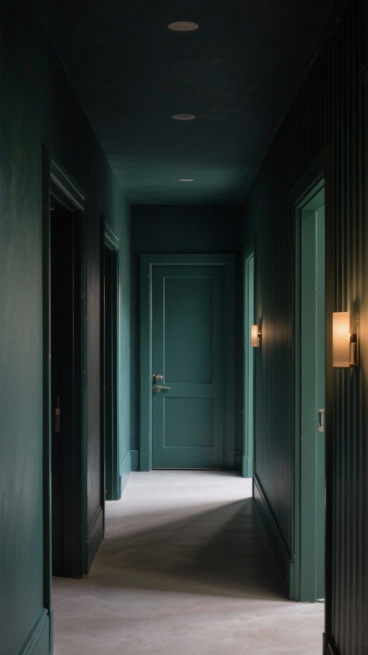 Medium hallway view emphasizing paint tricks: walls and ceiling painted the same moody deep color in satin finish to blur edges and heighten coziness; interior doors in a contrasting bold tone like charcoal or forest green; subtle tone-on-tone vertical stripes on one section to add height; soft, warm ambient lighting for a cocooned feel; corner angle to reveal depth and color cohesion between rooms.