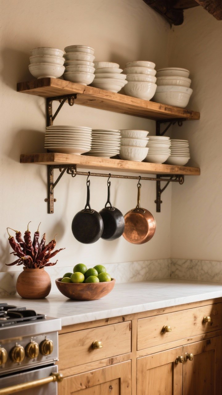 Medium kitchen scene with soul: open thick wood shelves on iron brackets holding stacks of everyday white dishes and glazed clay bowls (including barro negro), copper pots hanging from a simple iron rail, aged brass pulls on lower cabinets; a bowl of fresh limes and a bundle of dried chiles on the counter; warm 2700–3000K light, inviting and communal.