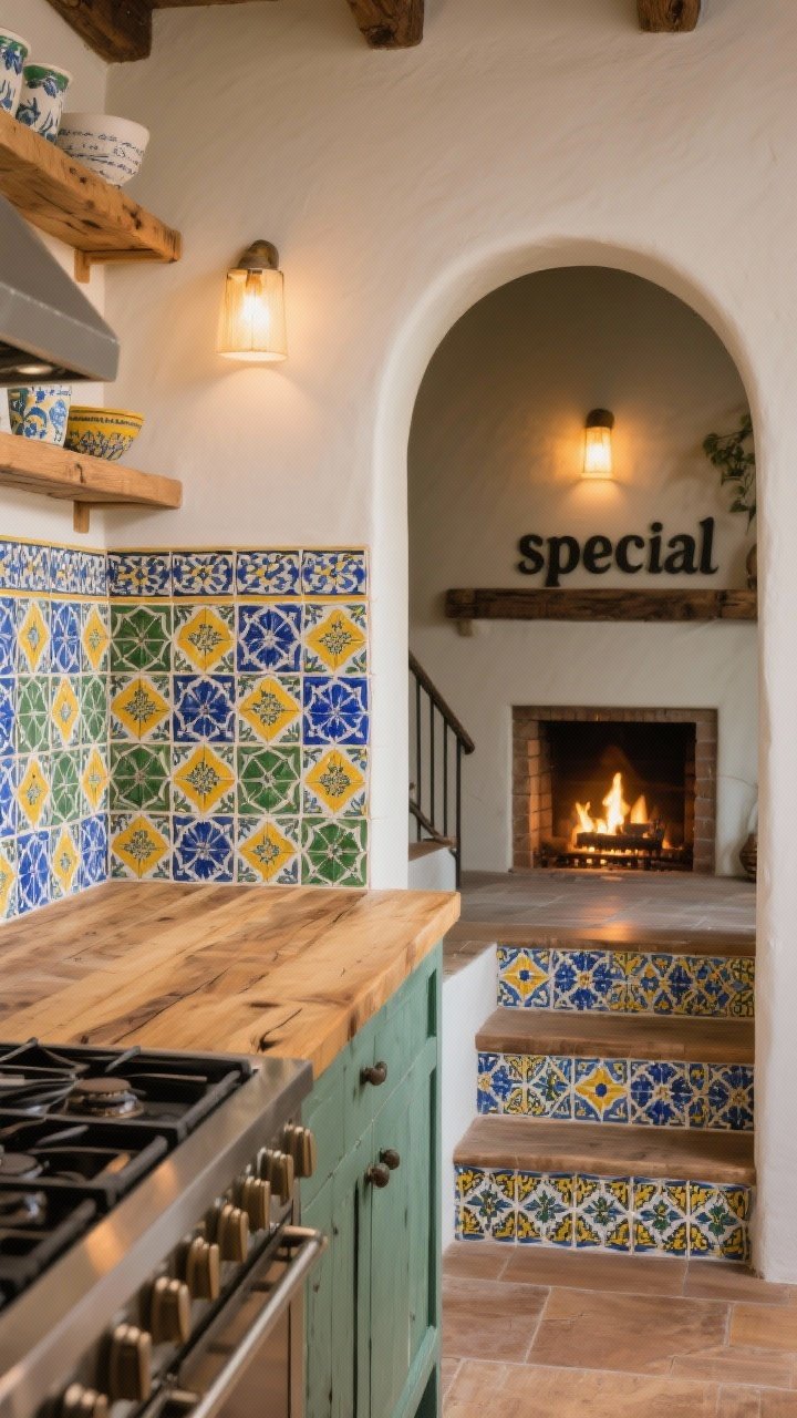 Medium kitchen vignette: A hand-painted Talavera tile backsplash in a mix of blues, greens, and sunny yellows behind a rustic wood counter; matching Talavera tiles climb stair risers visible through an arch; a tiled fireplace surround glows in the background. Balanced composition with tiles in “special” doses, warm ambient lighting.